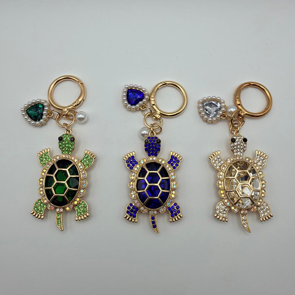 Rhinestone Turtle Keychain Bag Charms Set of 3 Green Blue Clear Crystal
